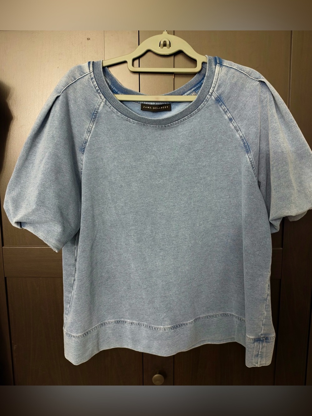 Jane and Delancey ~ Washed Light Blue Short Puff Sleeve Sweatshirt - L